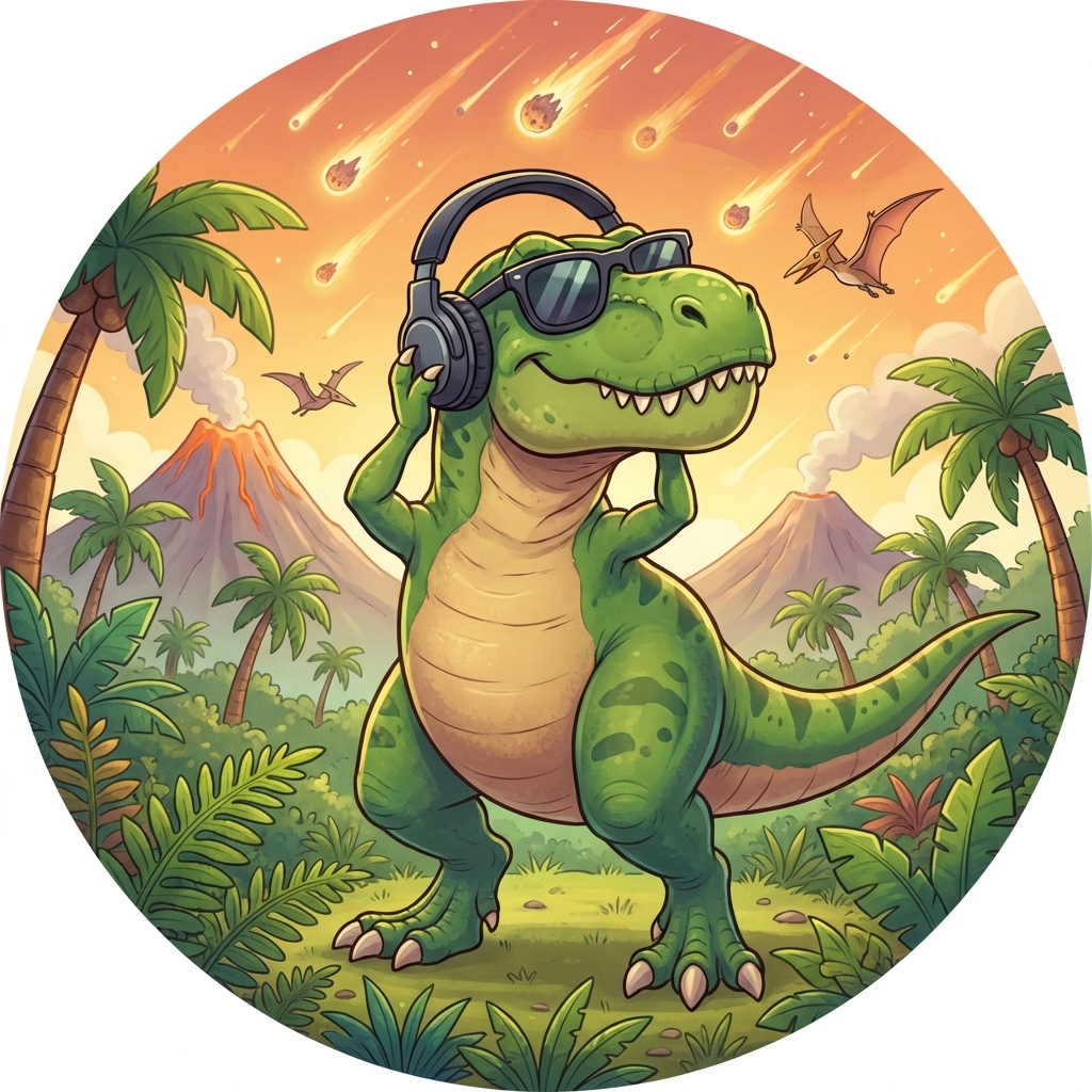 T-Rex con auriculares y gafas de sol